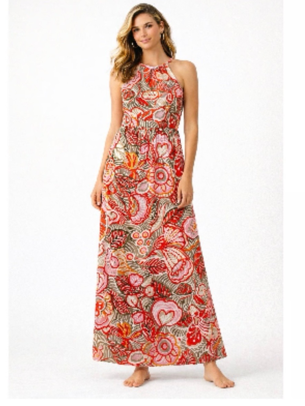 LOFT Red & Pink Floral Halter Maxi Dress